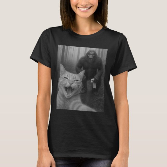 Funny Cat Surprised Happy Selfie With Bigfoot Sasq T-Shirt (Front)