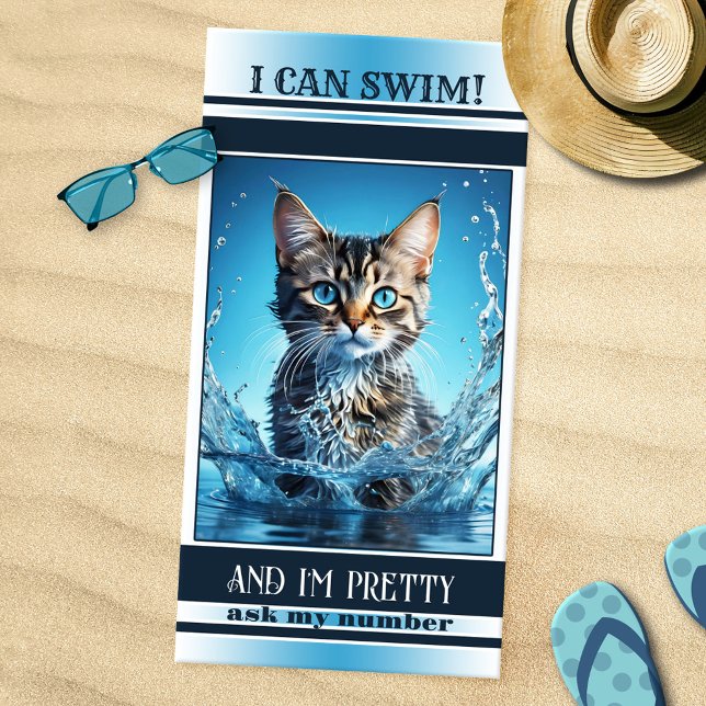 Funny Cat Swimming Navy Striped Beach Towel (Funny cat beach or pool towel featuring a cute kitty swimming in water. With navy blue white stripes)