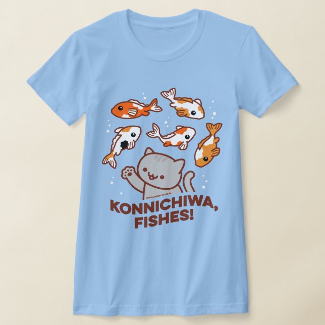 Funny Cat T-shirt - KONNICHIWA FISHES (Laydown)