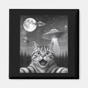 Funny Cat Taking Selfie In A Forest With Ufo Men W Magnet