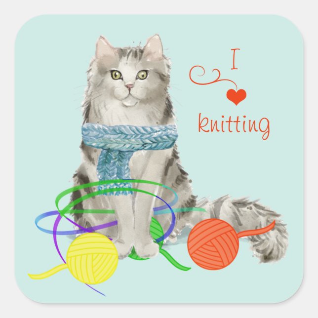 Funny Cat Tangled in Yarn Square Sticker (Front)