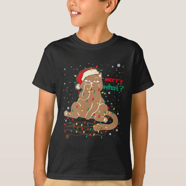 Funny Cat Tangled Up In Christmas Tree Lights Merr T-Shirt (Front)