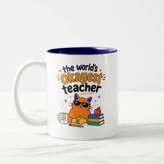 Funny Cat Teacher Two-Tone Coffee Mug (Left)