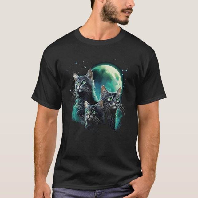 Funny Cat, Three Cats Moon T-Shirt (Front)