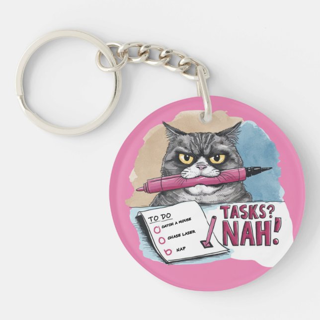 Funny Cat To-Do List Pink Key Ring (Front)