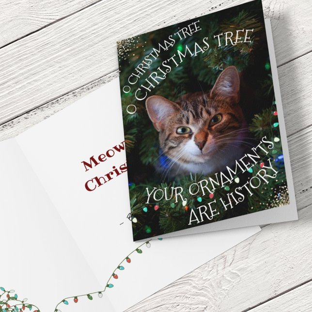 Funny Cat Tree Ornaments History Christmas Card (Creator Uploaded)