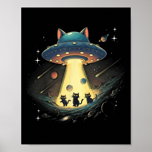 Funny Cat Ufo Cute Kitty Space Spaceship Alien Aes Poster (Front)