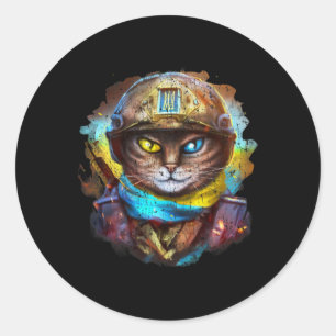 Funny Cat Ukrainian Soldier Flag Vintage Support U Classic Round Sticker