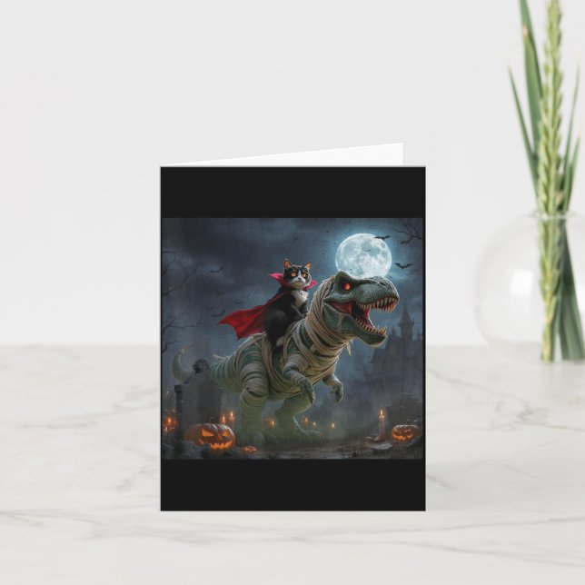 Funny Cat Vampire Riding a T-Rex Cute Halloween Card (Front)