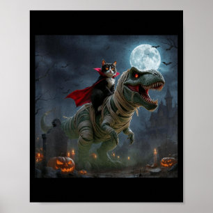 Funny Cat Vampire Riding a T-Rex Cute Halloween Poster