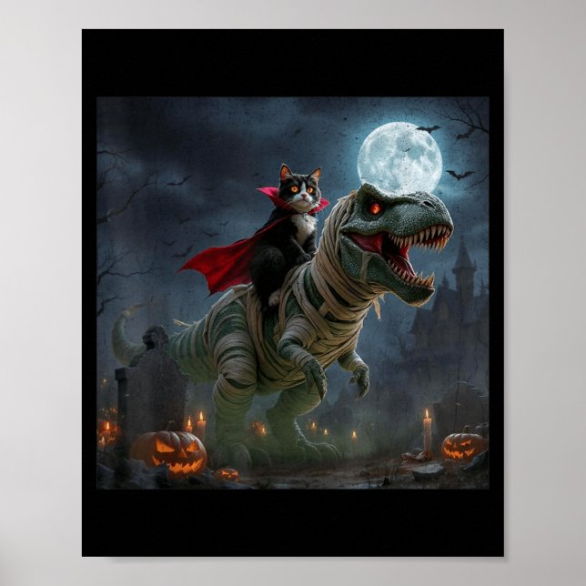 Funny Cat Vampire Riding a T-Rex Cute Halloween Poster (Front)
