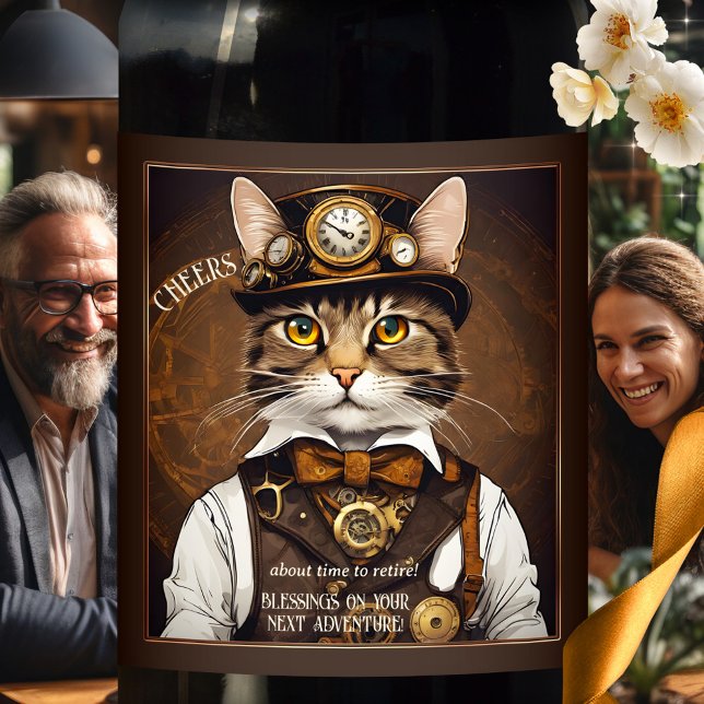 Funny Cat Vintage Retirement  Wine Label (Retirement wine label featuring a vintage illustration of a steampunk cat.)