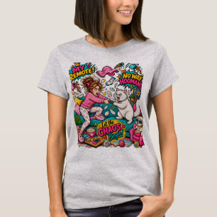 Funny Cat vs Human Remote Battle Crazy Cartoon T-Shirt