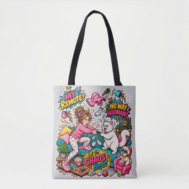 Funny Cat vs Human Remote Battle Crazy Cartoon Tote Bag (Front)