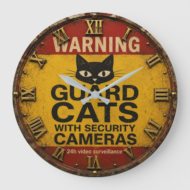 Funny Cat Warning Sign Large Clock (Front)