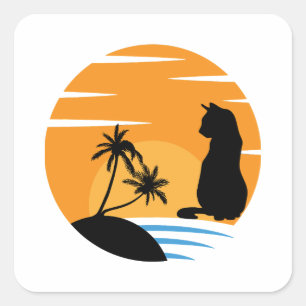 Funny Cat Watching Sunset scene - Black Cat Sunset Square Sticker