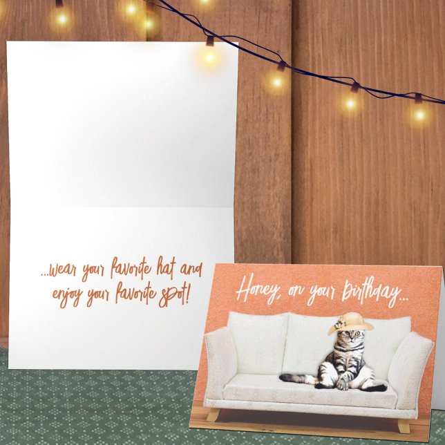 Funny Cat Wearing a Sun Hat on a Couch Birthday Card (Template greeting card cover and inside. )