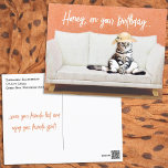 Funny Cat Wearing a Sun Hat on a Couch Birthday Postcard<br><div class="desc">This template card cover features a funny grey and white cat sitting on a white couch wearing a sun hat. Personalise the template text on the cover and back with your text, delete the text or edit using the design too and select a font colour, style, and size you like....</div>