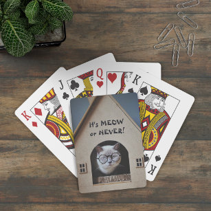 Funny Cat Wearing Glasses It's Meow or Never Quote Playing Cards