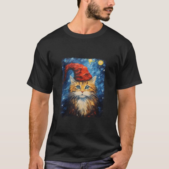 Funny Cat Wearing Santa Hat Van Gogh Starry Night  T-Shirt (Front)