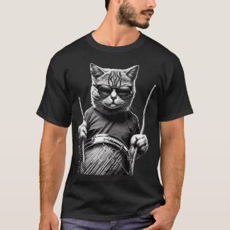 Funny Cat Wearing Sunglasses And Playing Drums Dru T-Shirt