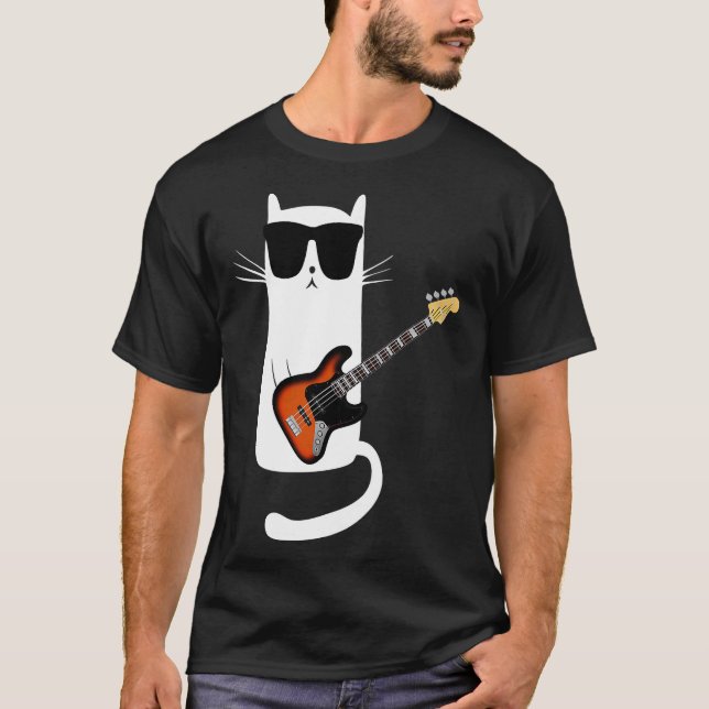 Funny Cat Wearing Sunglasses Playing Bass Guitar T T-Shirt (Front)