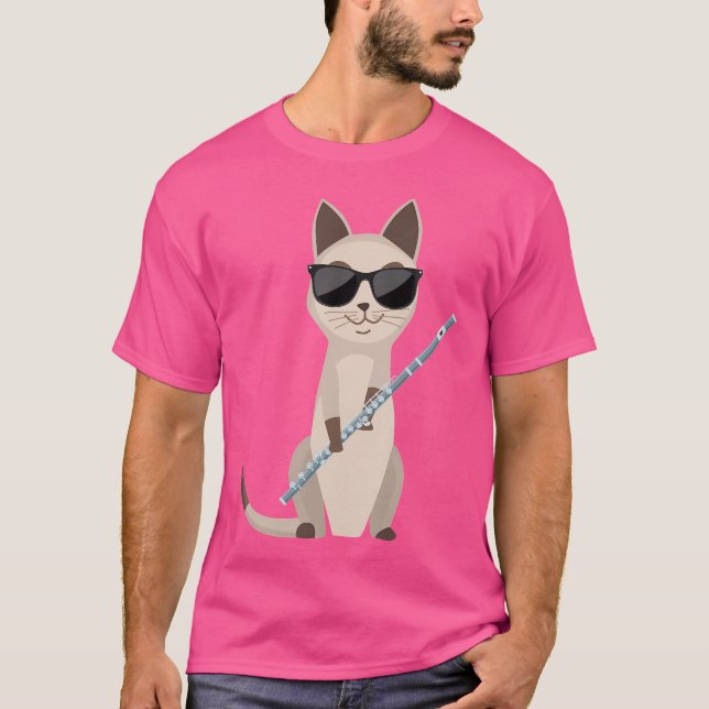 Funny Cat Wearing Sunglasses Playing Flute Flautis T-Shirt (Front)