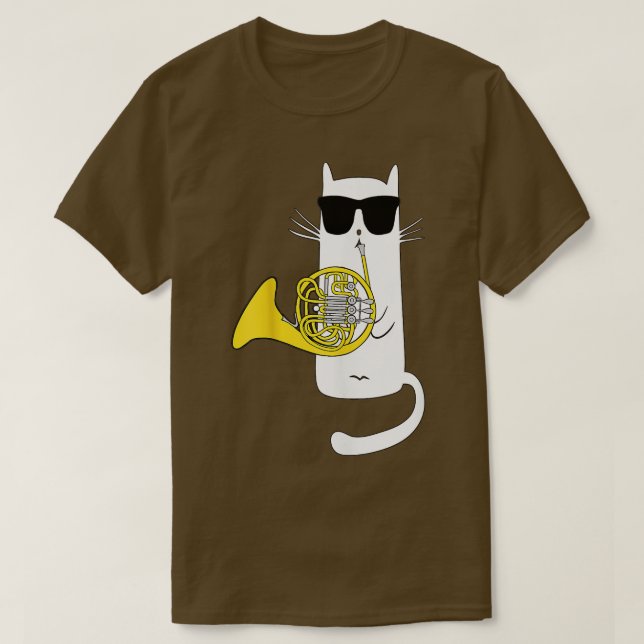 Funny Cat Wearing Sunglasses Playing French Horn T-Shirt (Design Front)