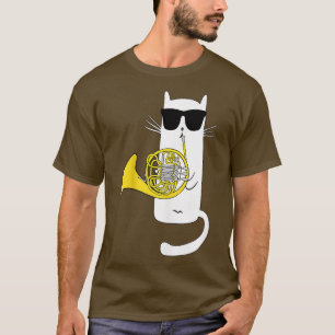 Funny Cat Wearing Sunglasses Playing French Horn T-Shirt