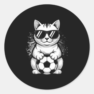 Funny cat wearing sunglasses playing soccer classic round sticker