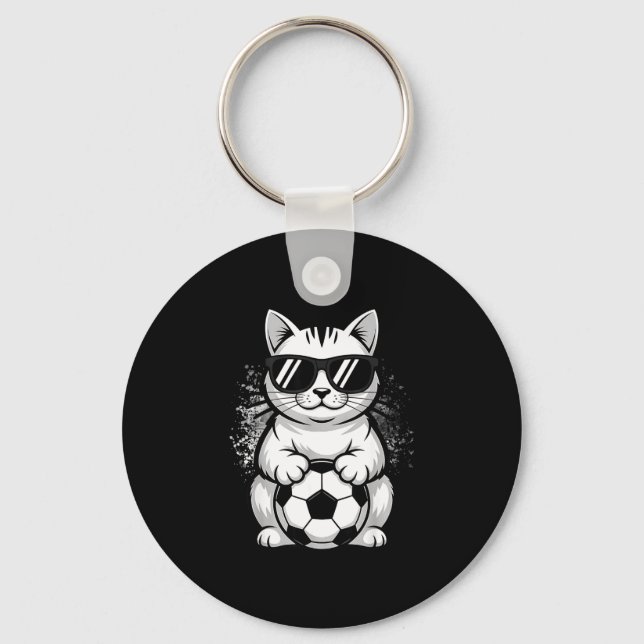 Funny cat wearing sunglasses playing soccer key ring (Front)
