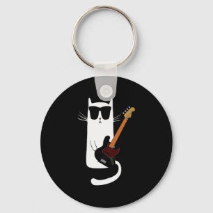Funny Cat Wearing Sungles Playing B Guitar Men Wom Key Ring