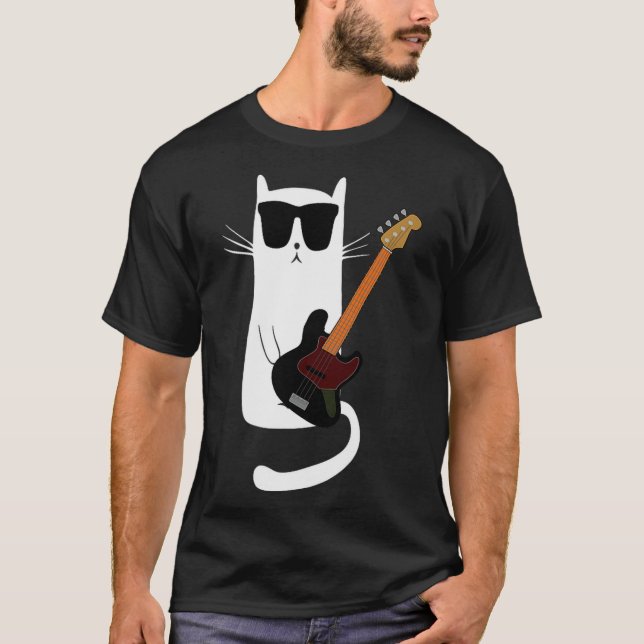 Funny Cat Wearing Sungles Playing B Guitar Men Wom T-Shirt (Front)