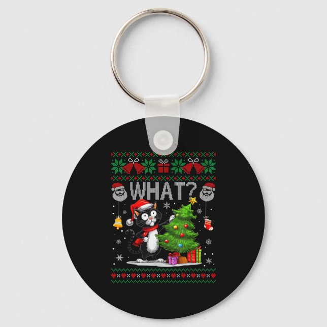 Funny Cat What Black Cat Christmas Tree Ugly Xmas  Key Ring (Front)