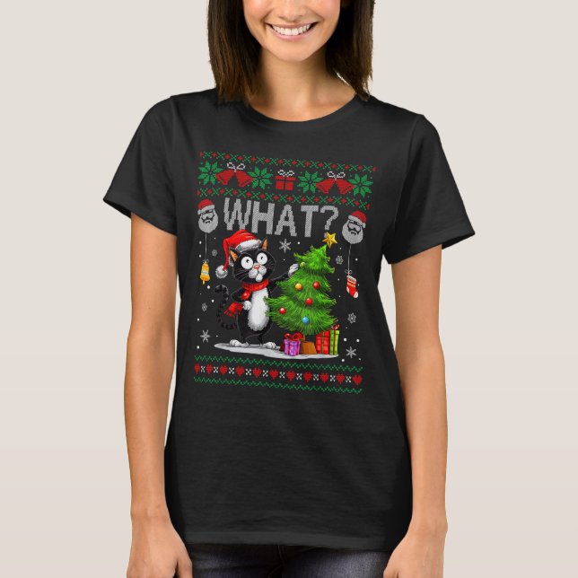 Funny Cat What Black Cat Christmas Tree Ugly Xmas  T-Shirt (Front)