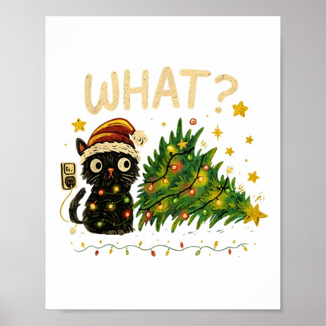 Funny Cat With Christmas Lights And Fallen Tree Ar Poster (Front)