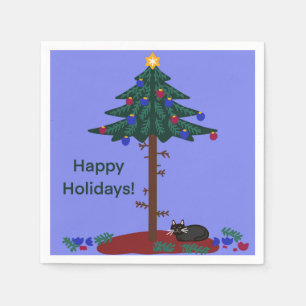 Funny cat with Christmas tree Napkin