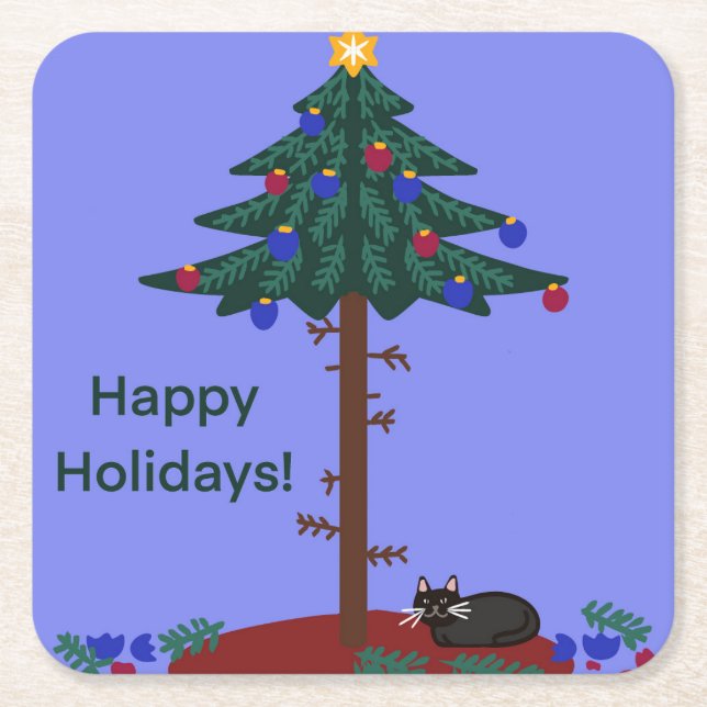 Funny cat with Christmas tree Square Paper Coaster (Front)
