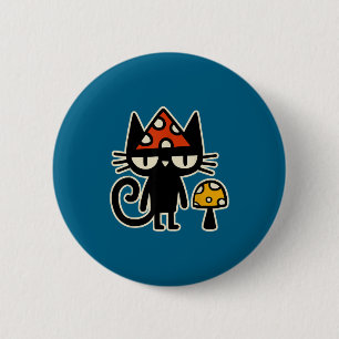 Funny Cat With Mushroom Hat Black Cat With Toadsto 6 Cm Round Badge