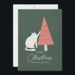 Funny Cat with Tree Merry Christmas Greeting Holiday Card<br><div class="desc">A white cartoon cat playfully tips a red Christmas tree. Personalise with your name below and with a personal message on the back.</div>
