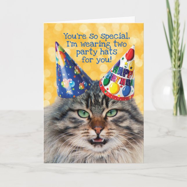 Funny Cat With Two Party Hats Birthday Greeting Card (Front)