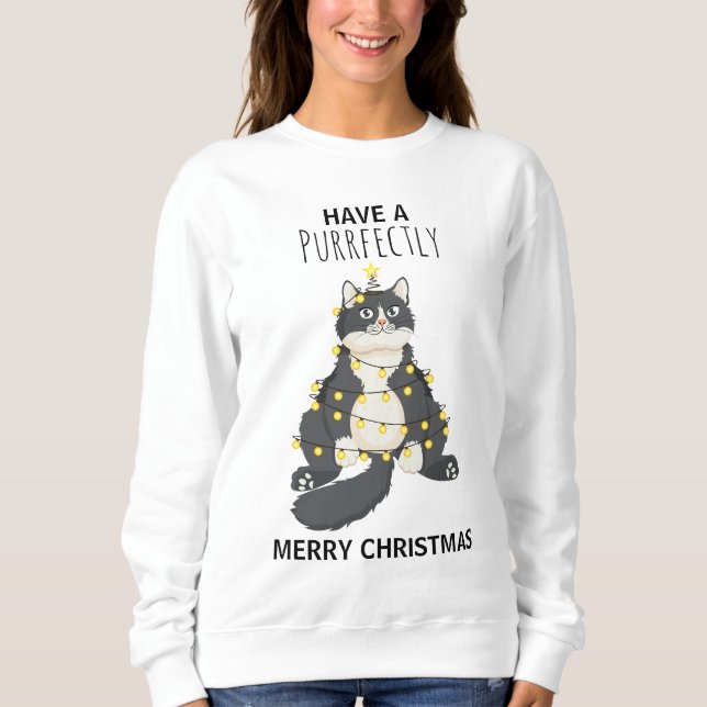 Funny Cat Wrapped in Christmas Lights Winter Humor Sweatshirt (Front)