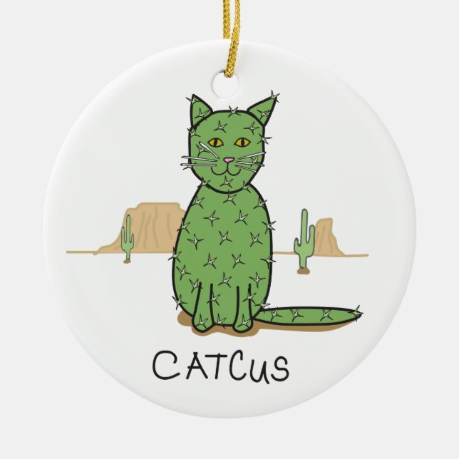 Funny "Catcus" Cactus Drawing Ceramic Tree Decoration (Front)