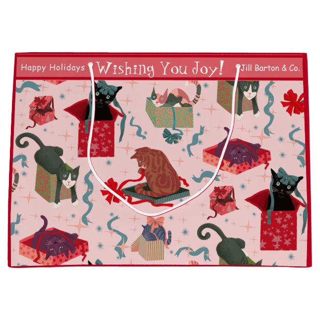 Funny Cats and Christmas Boxes Custom Large Gift Bag (Front)
