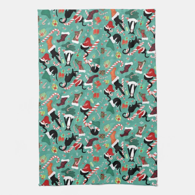 Funny cats and Christmas stockings Tea Towel (Vertical)