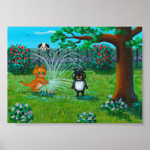 Funny Cats and Dog Sprinkler Poster
