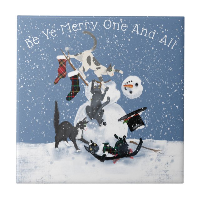 Funny cats and the snowman personalised 4 tile (Front)