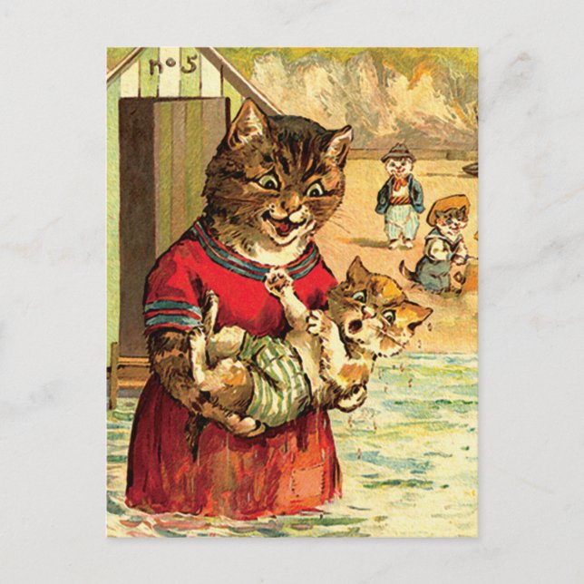 Funny Cats at the Beach - Louis Wain Postcard (Front)