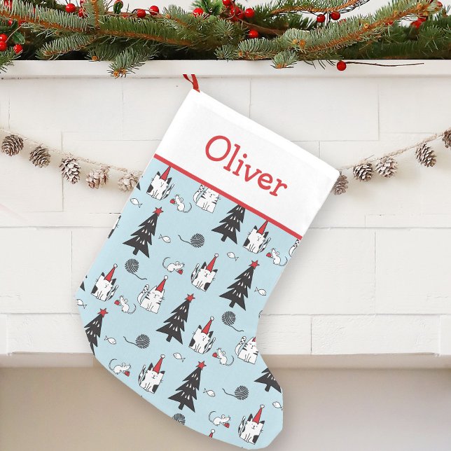 Funny Cats Blue and White Small Christmas Stocking (Creator Uploaded)