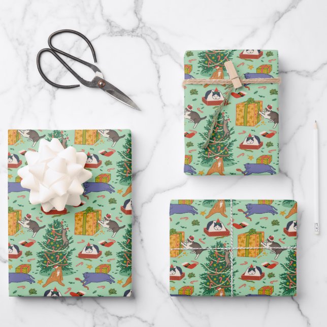 Funny Cats Christmas Green Wrapping Paper (Front)